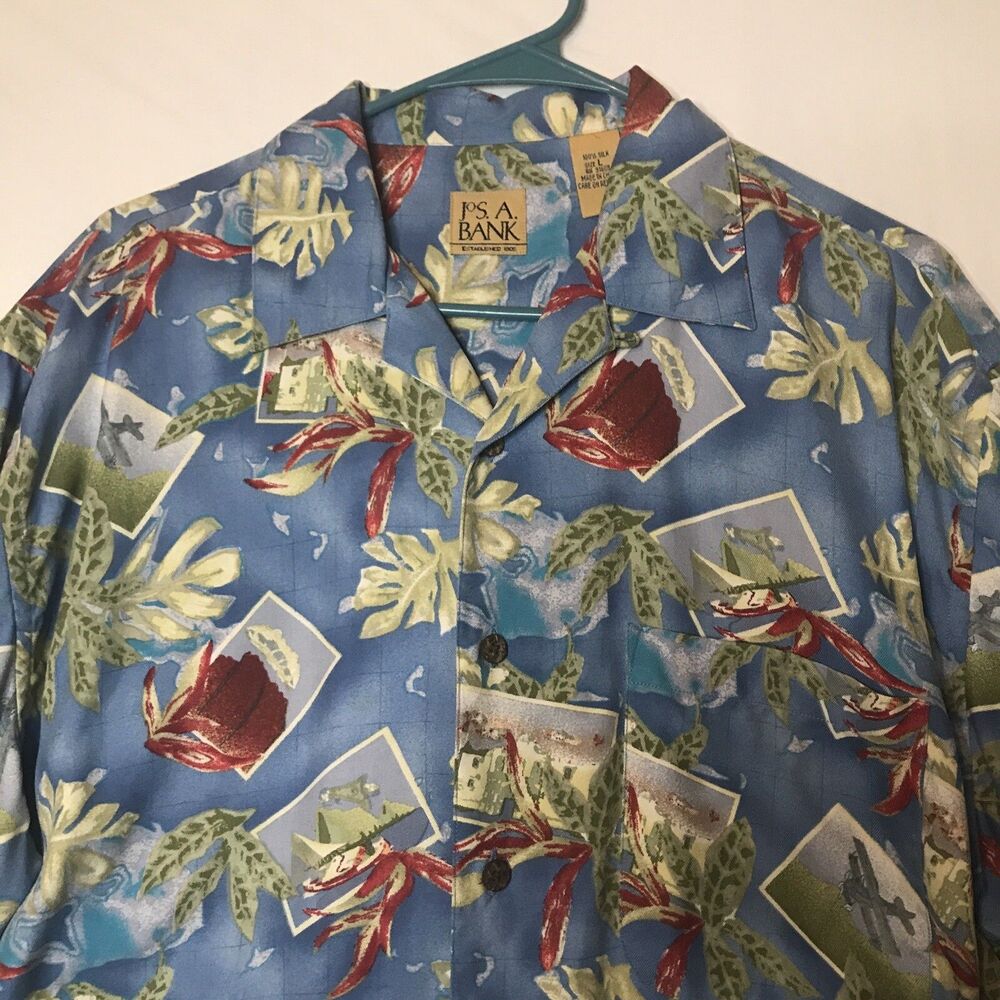 Jos A Bank Silk Button Hawaiian Shirt Blue Floral Short Sleeve Collar Mens Large